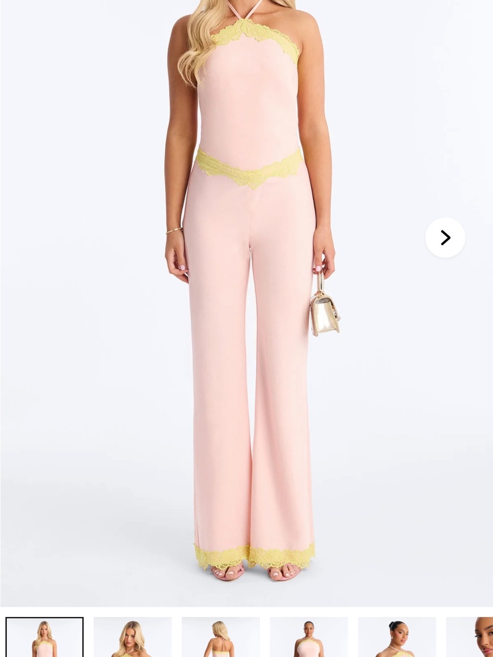 Pink Halter Jumpsuit with Yellow Lace Trim